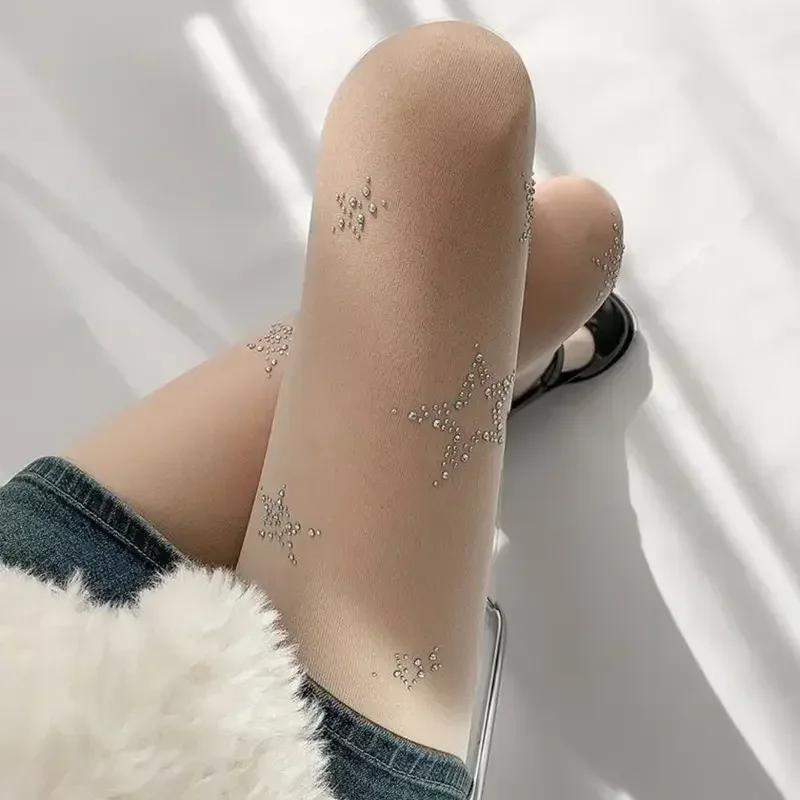 Y2K Stern Diamant Strass Fischernetz Sexy Damen Strumpfhosen Oberschenkelhohe Strümpfe Jk Lolita Mädchen Kawaii Bling Unterwäsche Strumpfhosen One Size gray