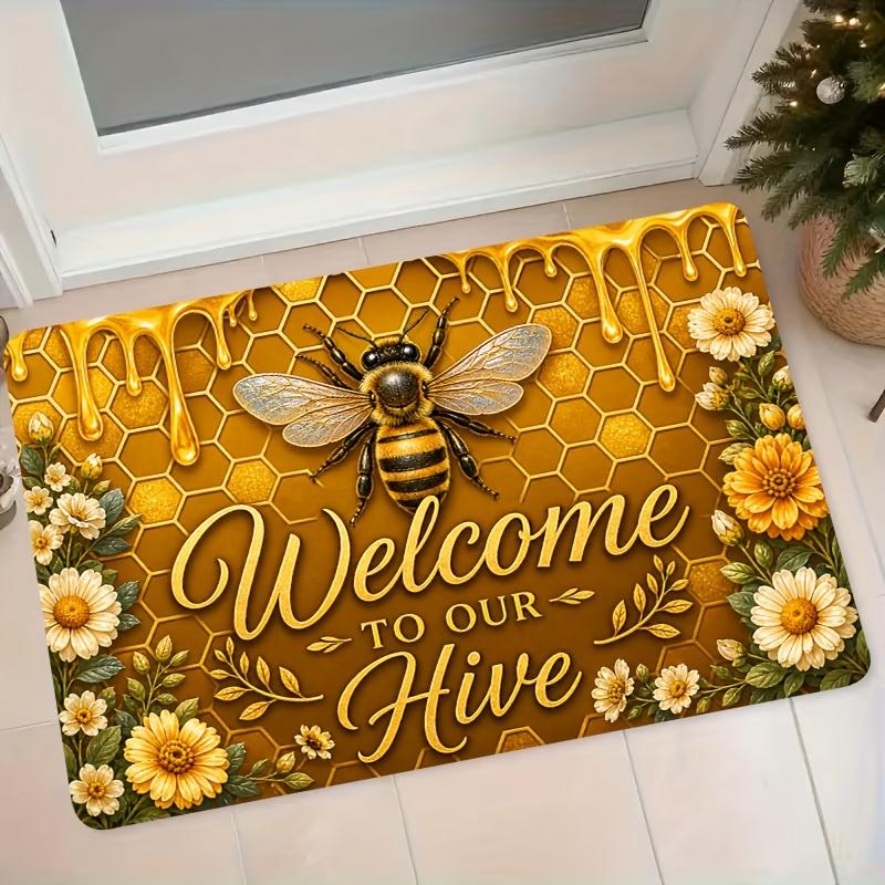 1pc American Vintage Bee Honeycomb Welcome To Our Hive Rug - Non-Slip Absorbent Suitable for Kitchen Bathroom Mat, Machine Washable Entryway with Bee,