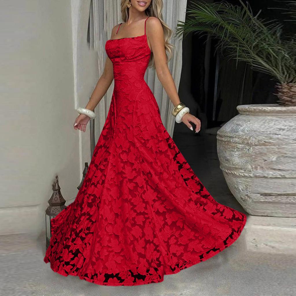 Women’s Casual Lace Patchwork Maxi Dress Sleeveless Spaghetti Strap Long Dress Elegant Evening Party Gown for Summer