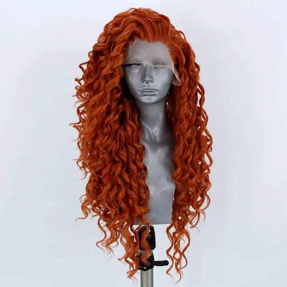 Orange Long Curly Lace Wig Cosplay Wig Halloween Synthetic Long Hair Role Play Wig for Women Girls Lace Front Wig