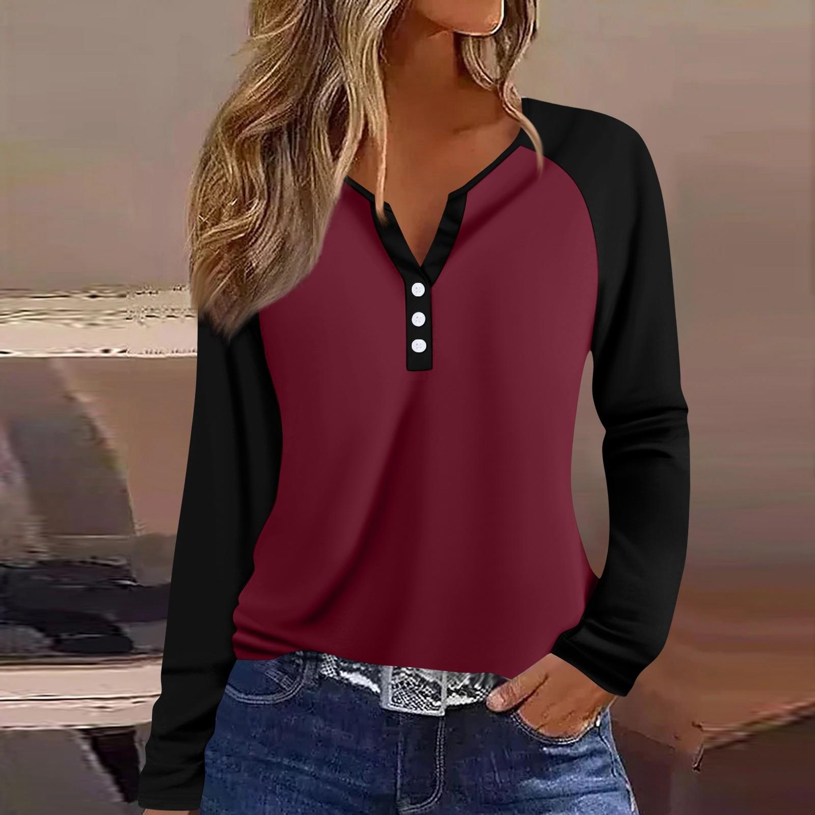 

Женская футболка колор-блок на пуговицах с длинным рукавом, повседневная, для выходных, модная, базовая, с V-образным вырезом, обычная XL винный