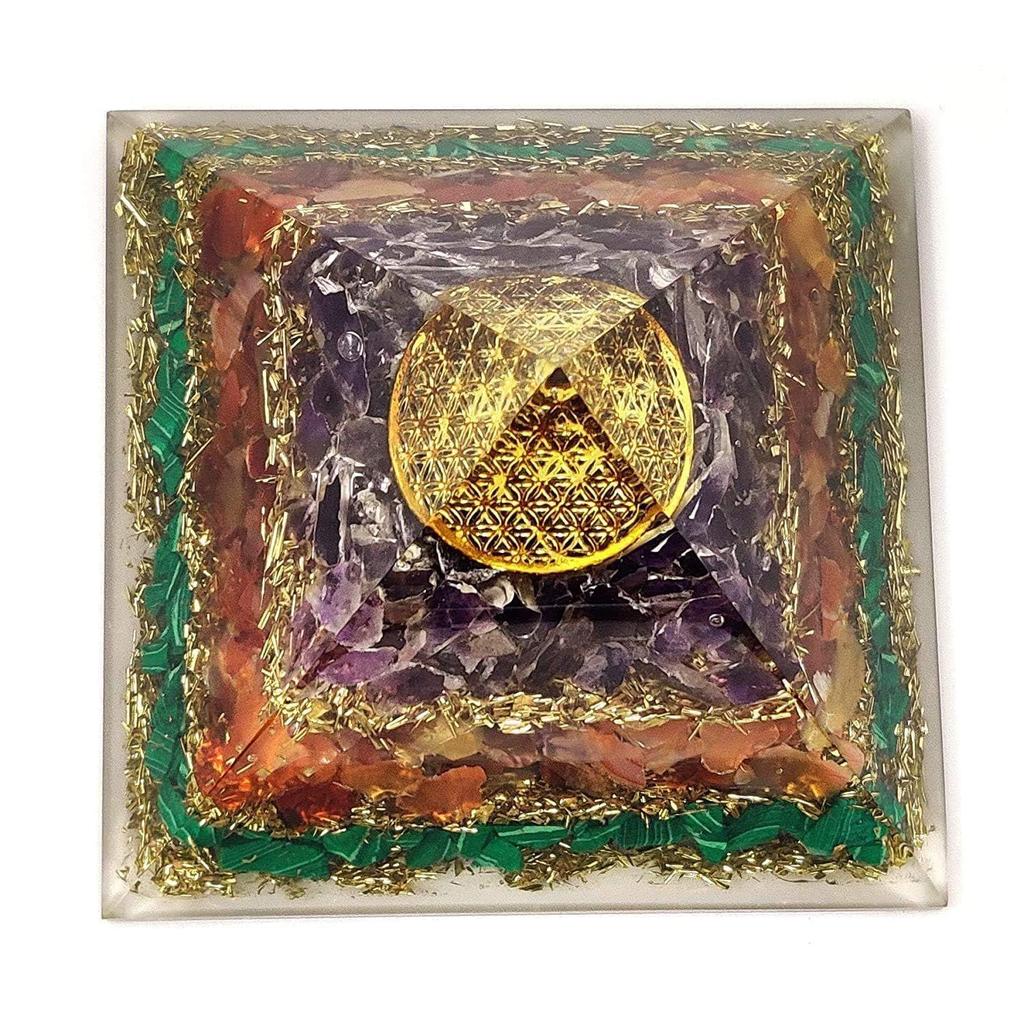 Amethyst, Red Carnelian, Malachite Orgone Pyramid for Meditation, Positive Energy, Healing