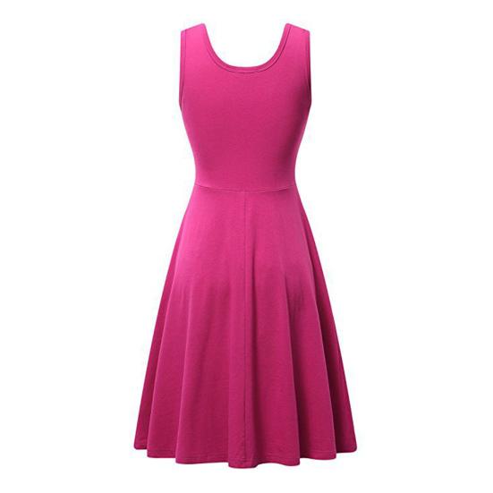 Frauen Kleid V-Ausschnitt ärmellos A-Linie locker Saum große Schaukel reine Farbe hohe Taille OL