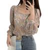Women's Floral Shirt Korean Style Square Collar Sexy Sweet Long Sleeves Chiffon Blouse Tops