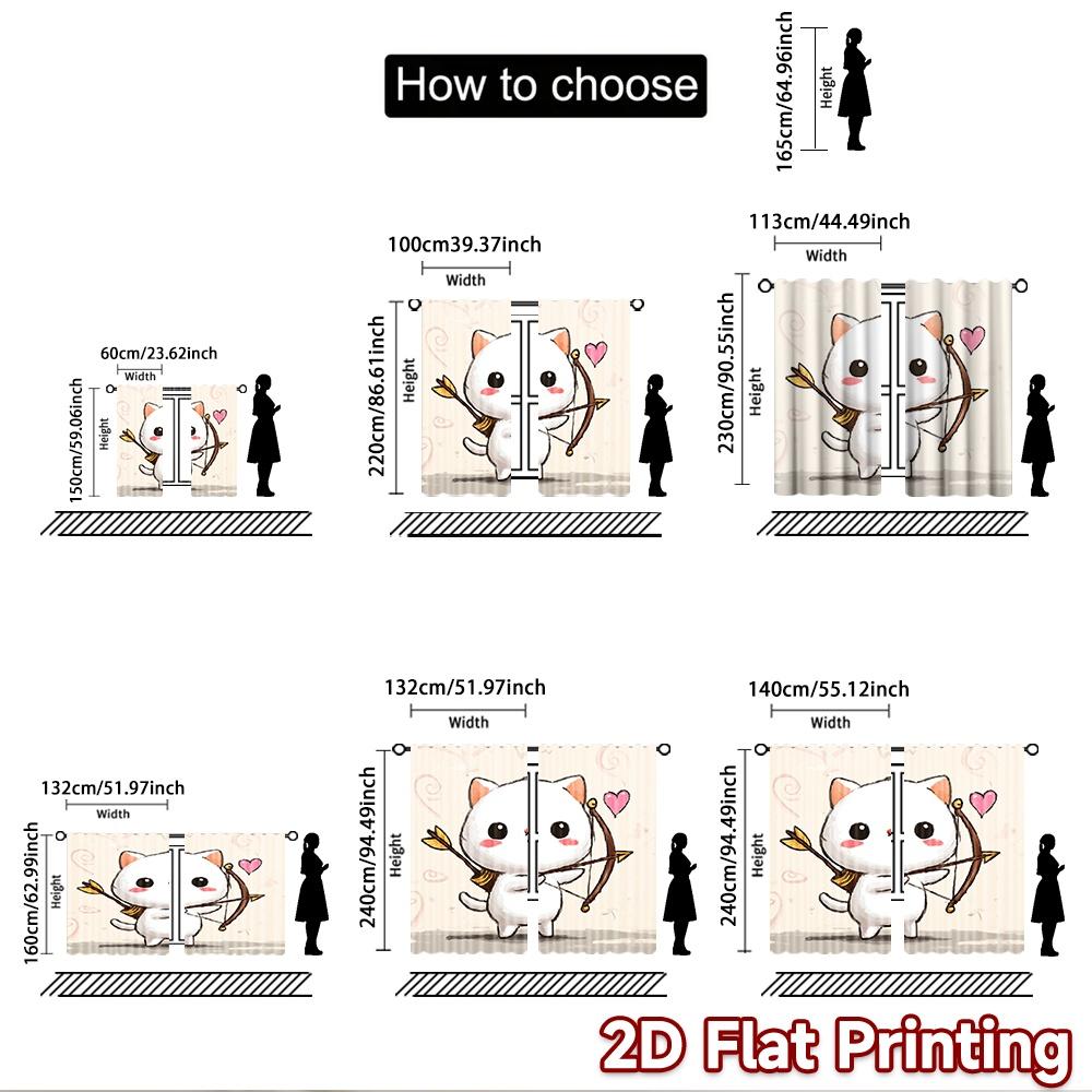 2D flat printing 2pcs Window Treatment Curtains Cute cat cupid bow Digital Printed Polyester Drapes Festive Wall Decor Use for