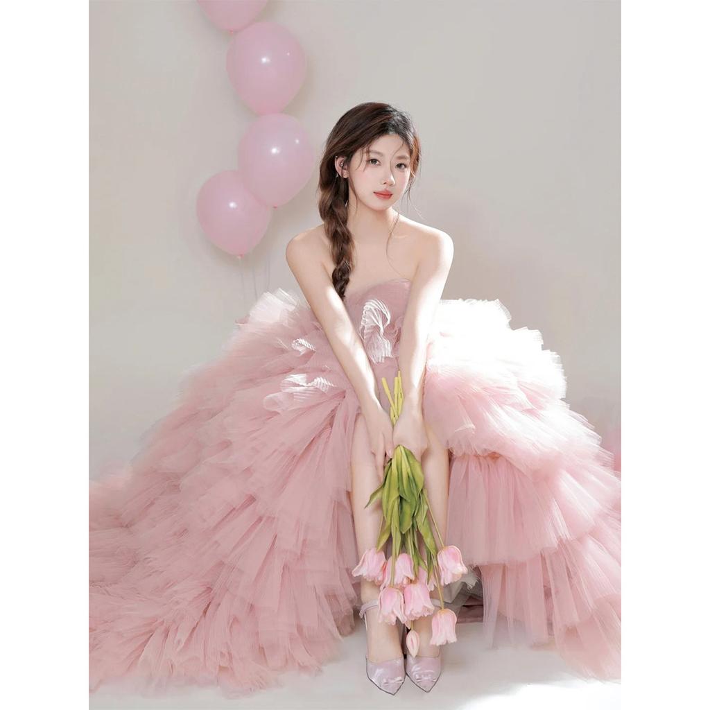 New French Photo Title Light Wedding Dress Color Tube Top Light Wedding Dress Travel Trailing Pink