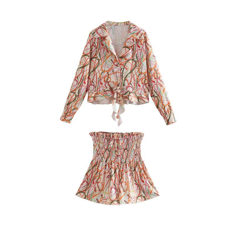 Kaslead New Women Clothes Western Style Fashion Knot Decoration Print Shirts Culottes 4437086 4886072