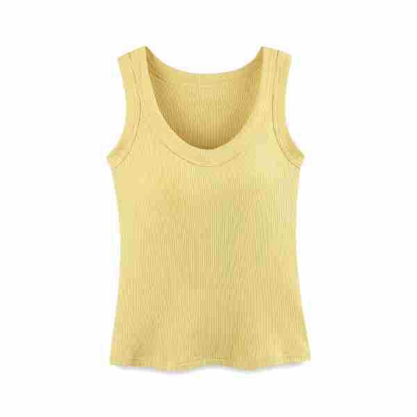 American Style Women's Camisole Top with Wide Straps and Built-in Bra Pads, Ribbed Design, Side Coverage, Versatile Wear.