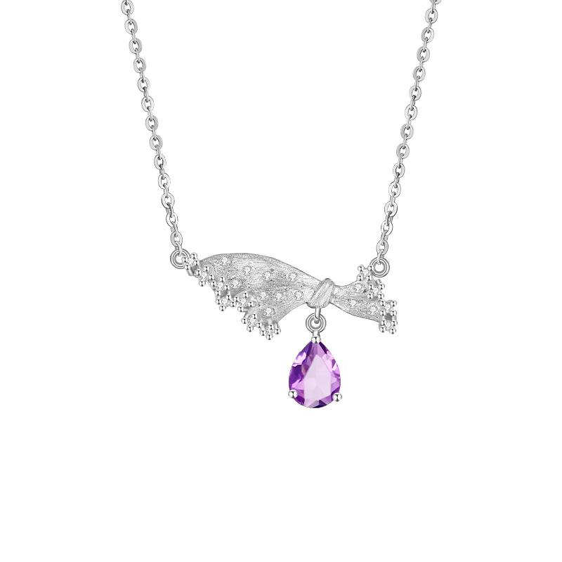 S925 Sterling Silver Brushed Bow Colored Treasure Necklace Water Drop Crystal Stone Peridot Niche Gift Silver Jewelry Gift 925 silver