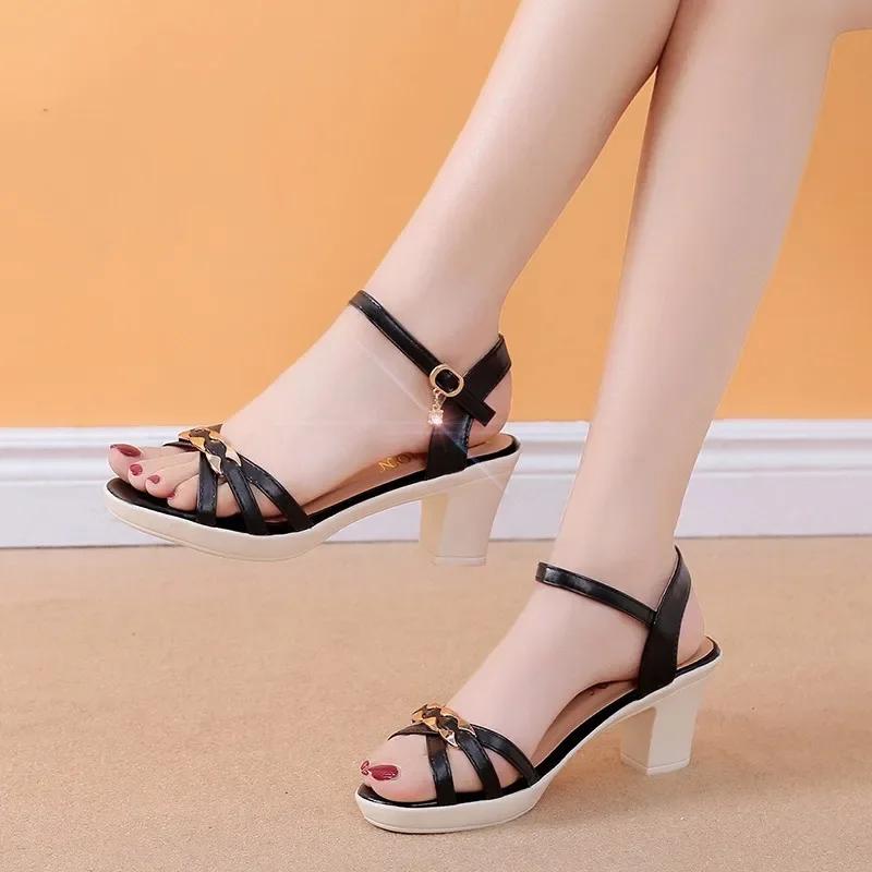 Chunky High Heels Women's Sandals Summer New Fish Mouth Black Women Shoes Open Toe Weave Cross Band Gladiator Sandalias Mujer