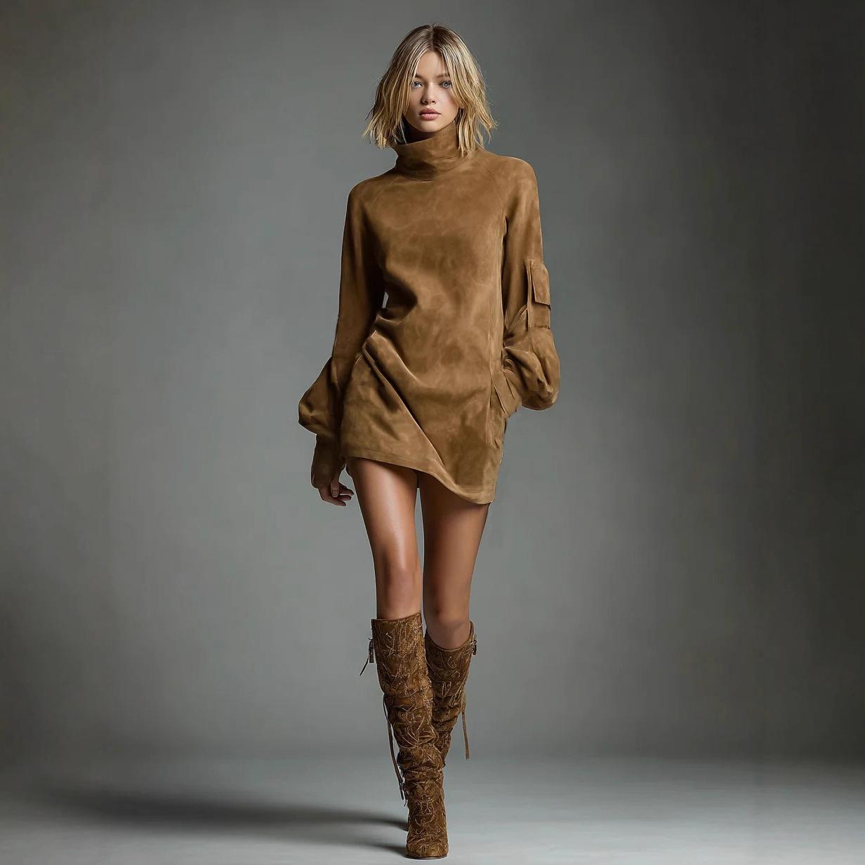 2025 Retro Faux Suede Long Sleeve Dress: European & American Women s Autumn/Winter Collection XXXL коричневый
