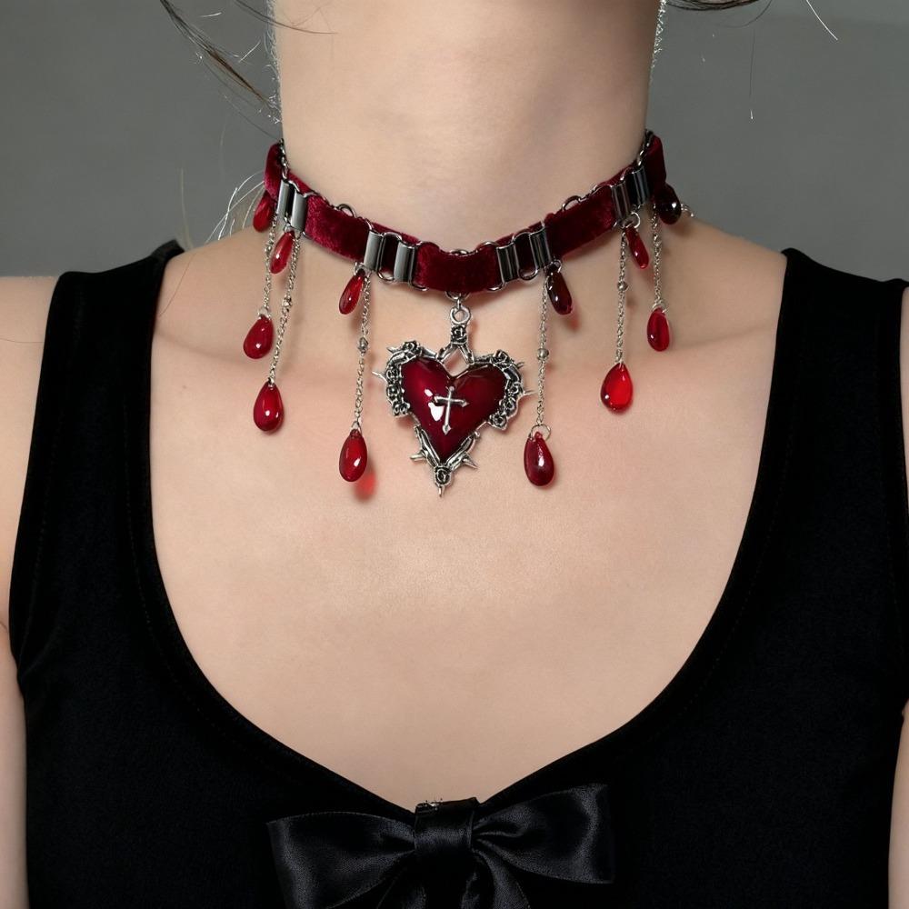 Gothic Punk Personality Black Cross Heart Shape Pendant Water Drop Tassel Choker Necklace for Women Subculture Designer Jewelry