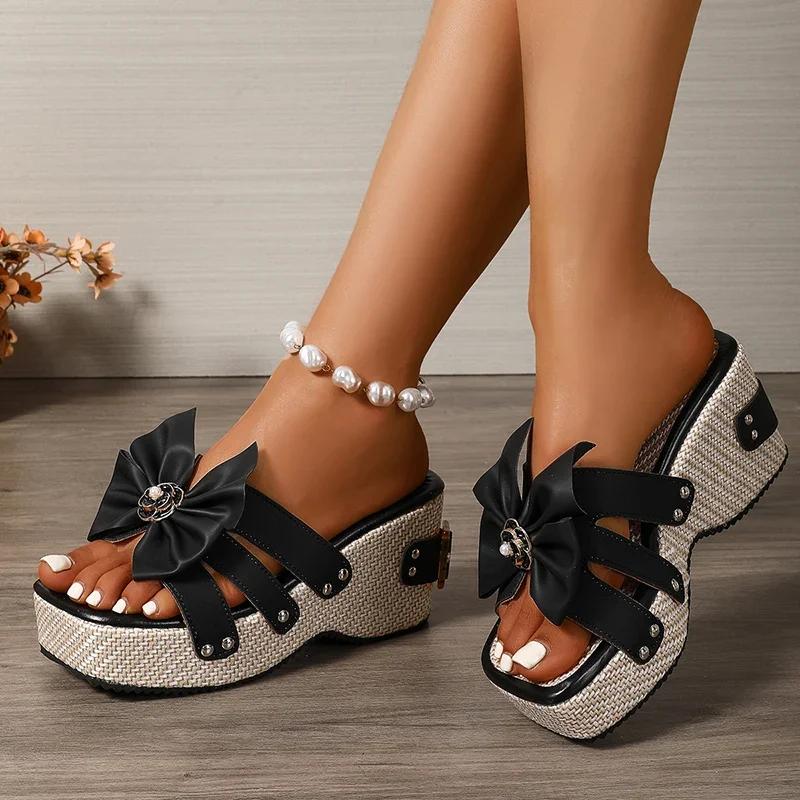 Fashion Bow Knot Chunky Platform Slippers for Women Fashion Buckle Design Thick Bottom Slides Ladies New Square Toe Wedge Sandals Mujer