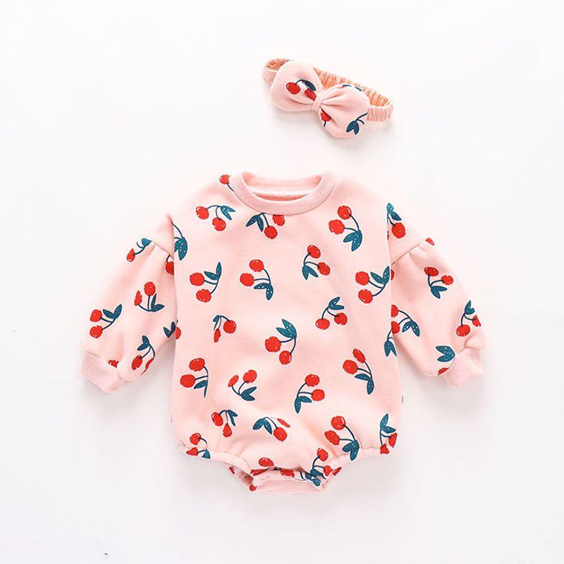 

Baby Romper Dress for Girls, Spring Outfit, Infant Summer Long-Sleeve Princess Dress, Dress for Young Infants Pink Cherry Romper + Headband Set 90