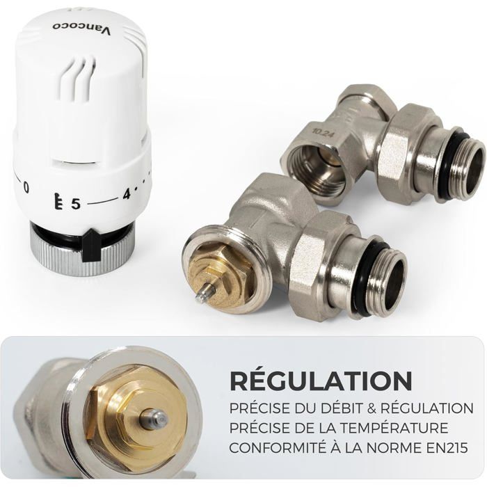 Vancoco robinet thermostatique radiateur et coude de reglage en equerre g12 (1521) - raccord etanche avec joint 1521 - kit thermo