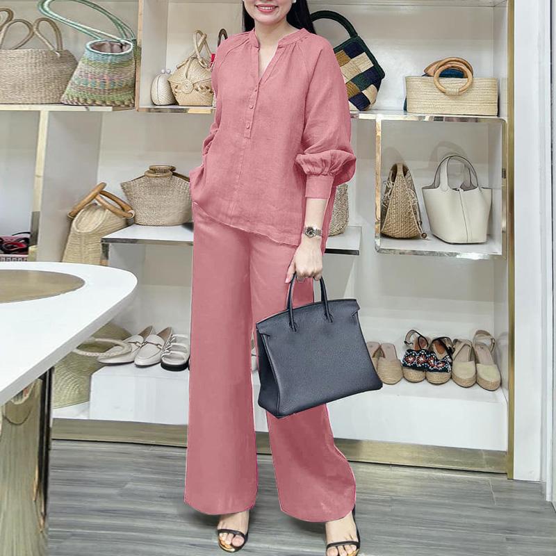 ZANZEA Bluzka z długim rękawem i spodnie damskie, casualowe dwuczęściowe zestawy garniturowe