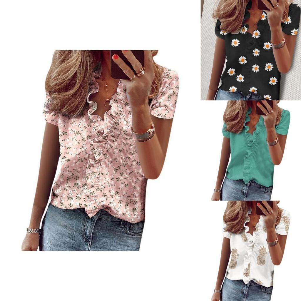 Stylish Women's V Neck Ruffle Short Sleeve T Shirt With Fashionable Daisy Print