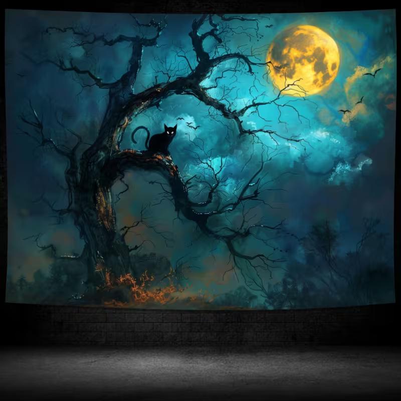 2D Spooky Halloween Black Cat Moon Tapestry Dark Night Forest Wall Decor Cloth for Home & Bedroom