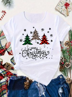 Damen Bequemes T-Shirt mit Weihnachtbaum-Print, Kurzarm, Rundhalsausschnitt, Street Harajuku Stil, Lässiges Shirt Top