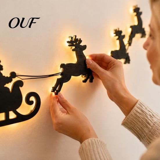 Reusable Christmas Wall Ornament Lighted Santa Sleigh Reindeer Decor with Remote, 3D Light Up Wood Peel Ambient for Bedroom And Stick Entryway