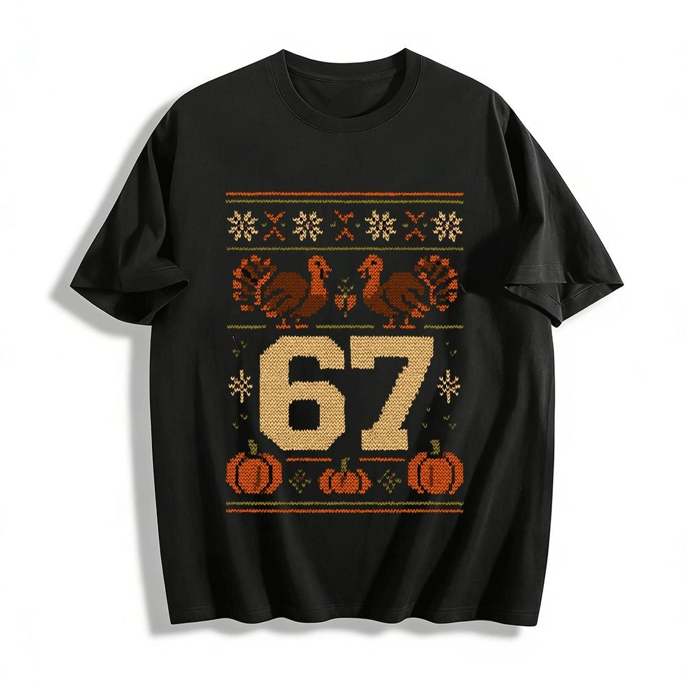 

Thanksgiving Turkey Pumpkin Knit Style No.67 Print Casual Top Pure cotton T-shirt XXS