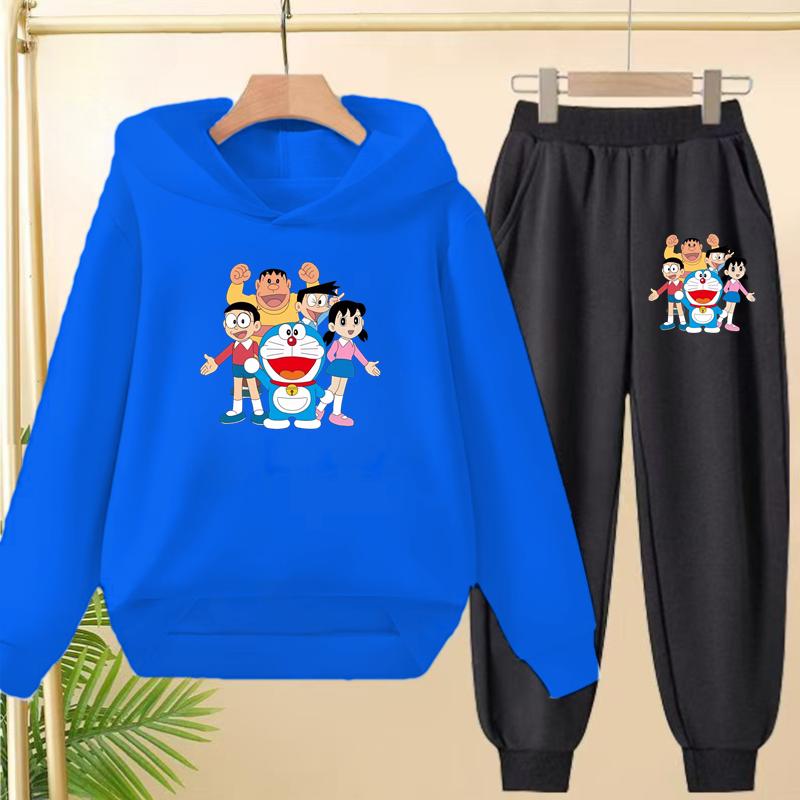 Doraemon Winter Warm Children's Hoodie Set, Casual Sporty Hooded Long Shirt and Long Pants Suitable for Boys Girls Aged 3 To 12