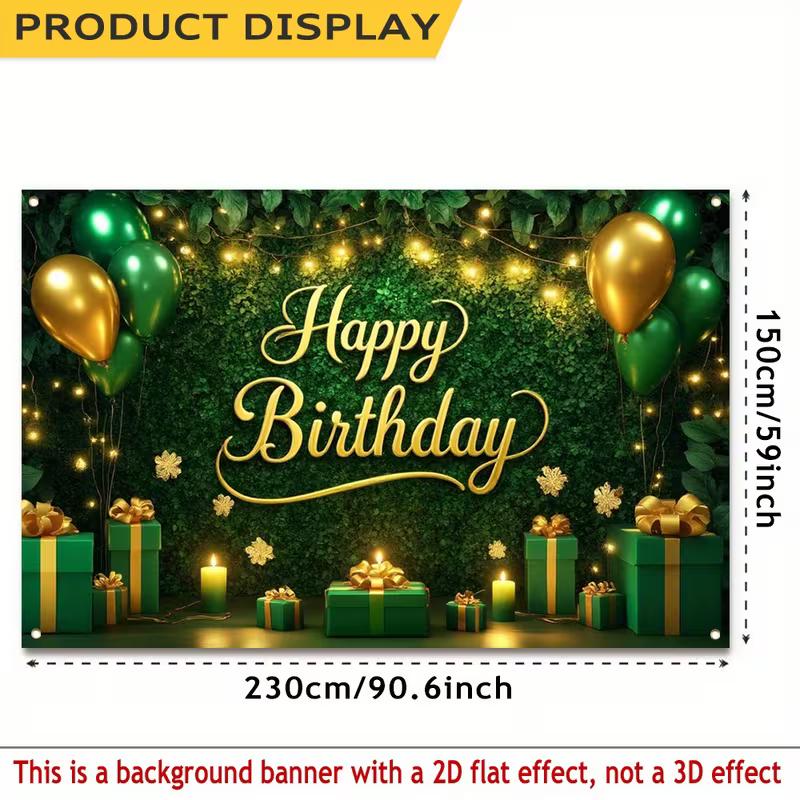 2D "Happy Birthday" Greenery Backdrop, Gold Text with Balloon & Gift Box Photography Background