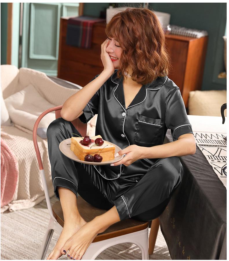 Ice Silk Women's Pajama Set - Short Sleeve, Long Pants, Faux Silk, Lapel Cardigan, Solid Color, Spring/Summer