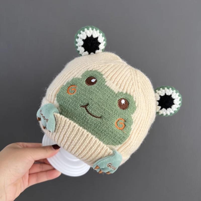 

Милая детская вязаная шапка с лягушкой, мультяшная, детская, зимняя, теплая, с защитой ушей, шапочка для малышей, детская шапочка, детская вязаная шапка бежевый
