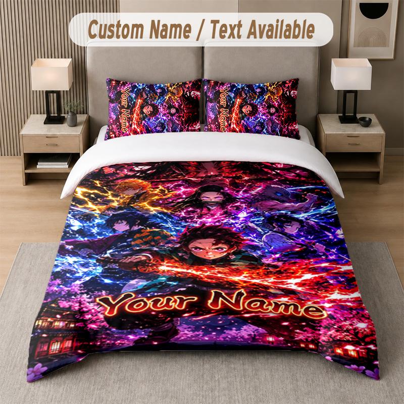 Demon Slayer 3Pcs Bedding Set, Personalized Custom Name Text, 1 Duvet Cover & 2 Pillowcases For Bedroom