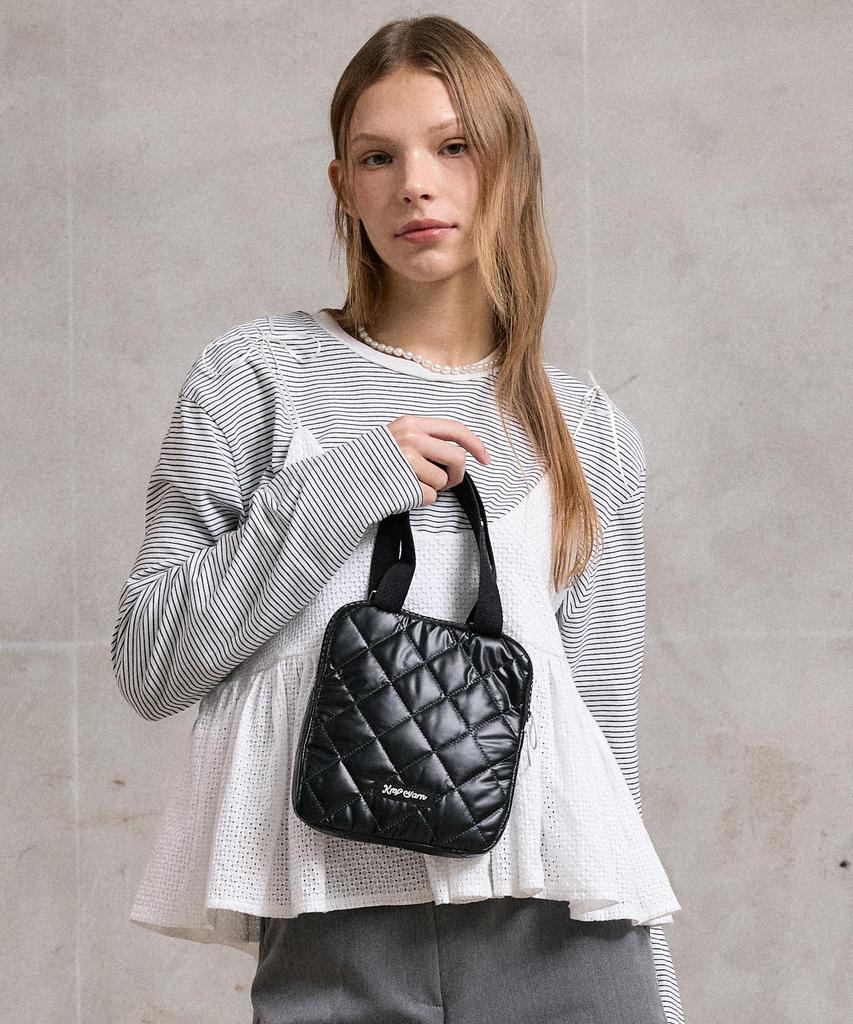 Krafyarn 2-Way Handle Pouch Crossbody Bag Black Quilted