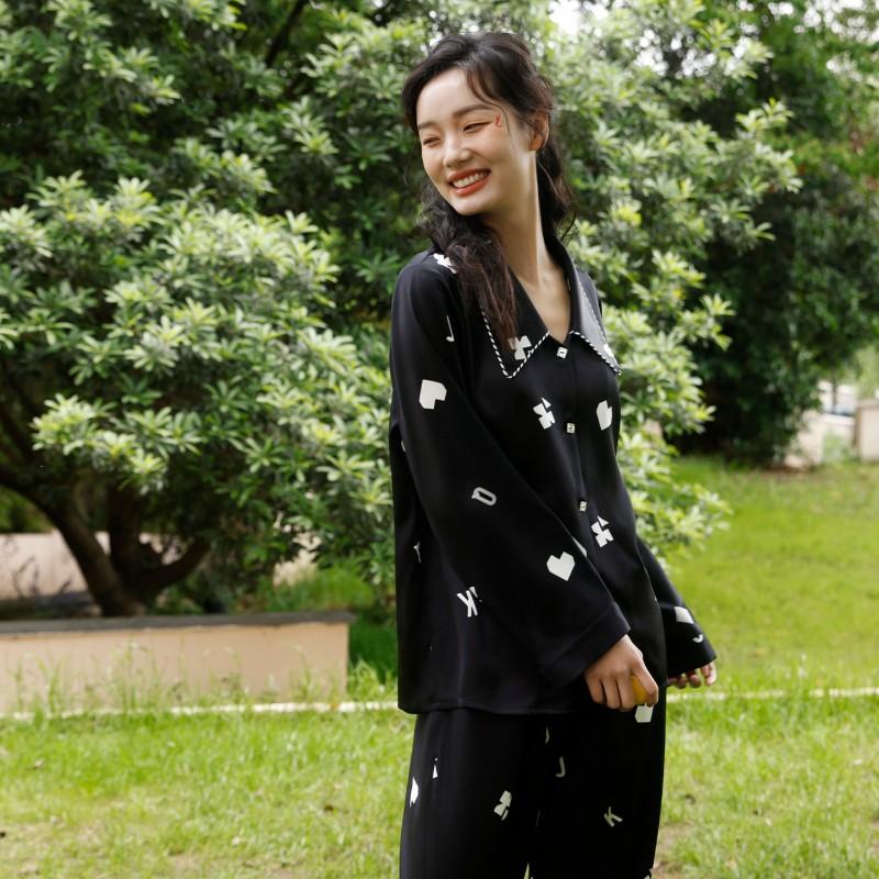 Womens 19 Momme Silk Pajama Set Long Sleeve Pants Game Of Life Print 100% Mulberry Loungewear