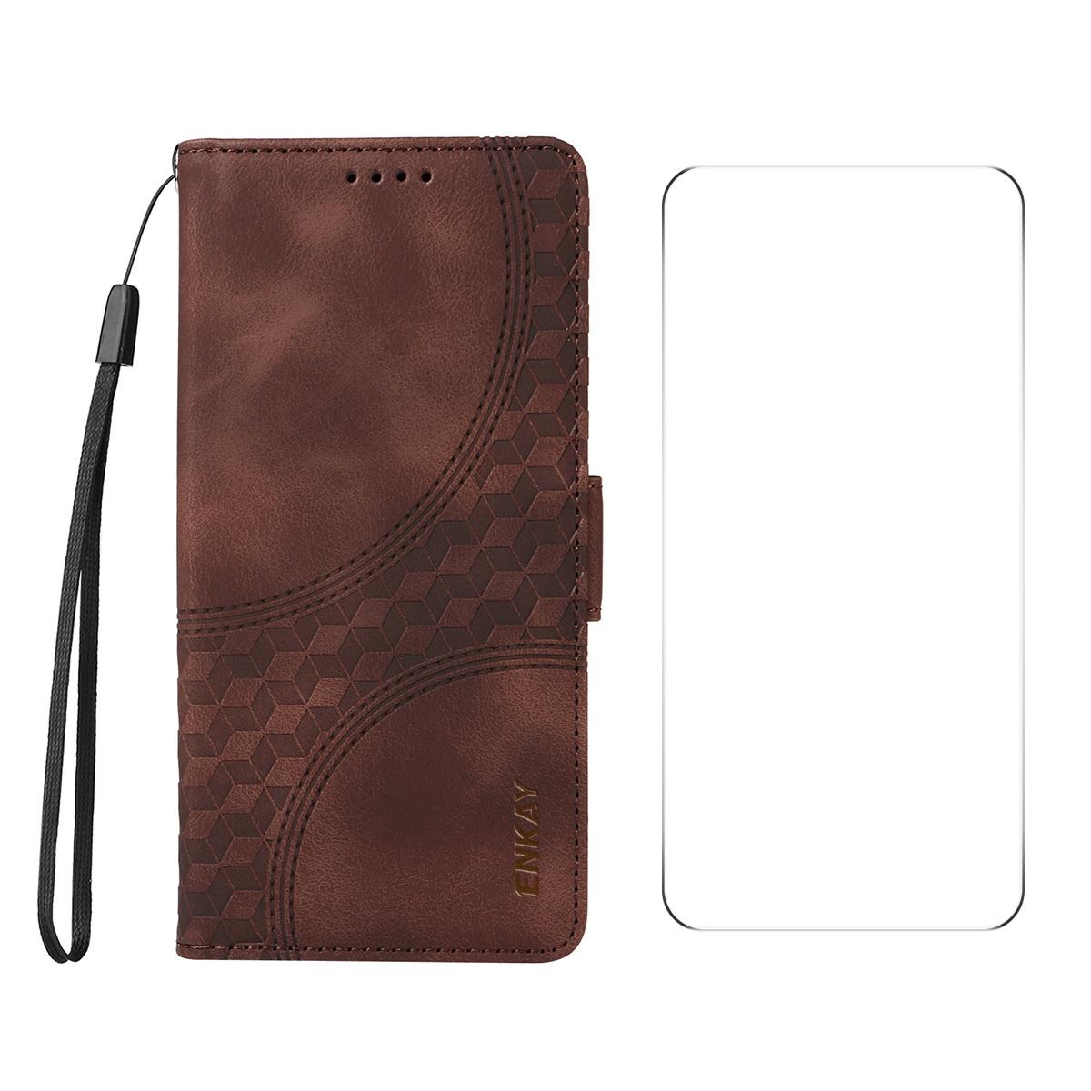 

For Xiaomi 15 Wallet Case ENKAY Imprint PU Leather Phone Stand Cover with Tempered Glass Brown
