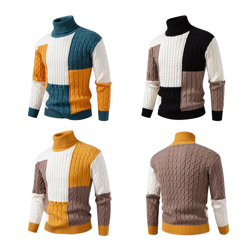 New Autumn Winter Color-blocking Turtleneck Sweater for Men Casual Fashion Sweater for Men