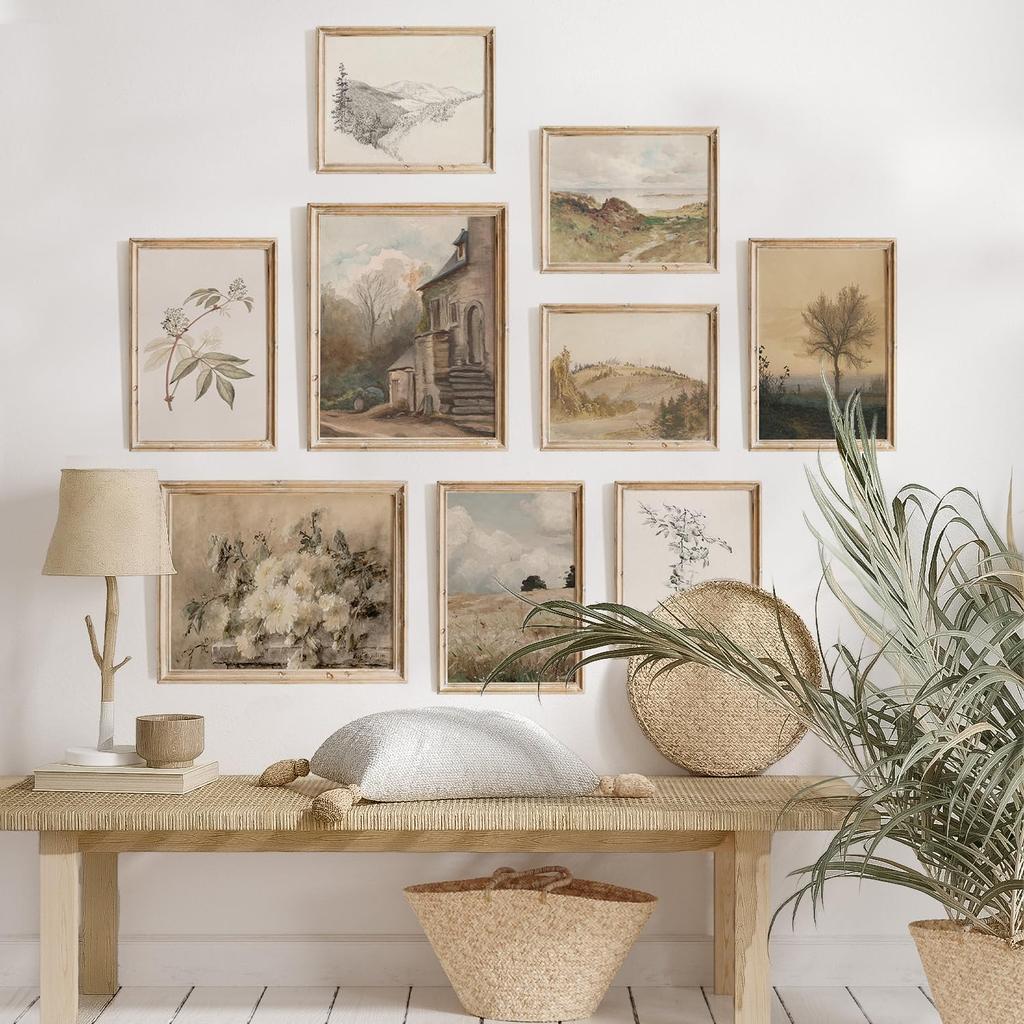 TheCanvas Vintage Wall Art Prints Set of 9, Eclectic Nature Wall Art for Living Room, French Country Landscape Painting, Gallery Wall Decor for