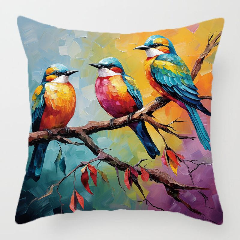 Colorful Bird and Flower Pattern Series Throw Pillow Cover with Short Plush Print for Living Room Sofa Decoration Cushion Cover