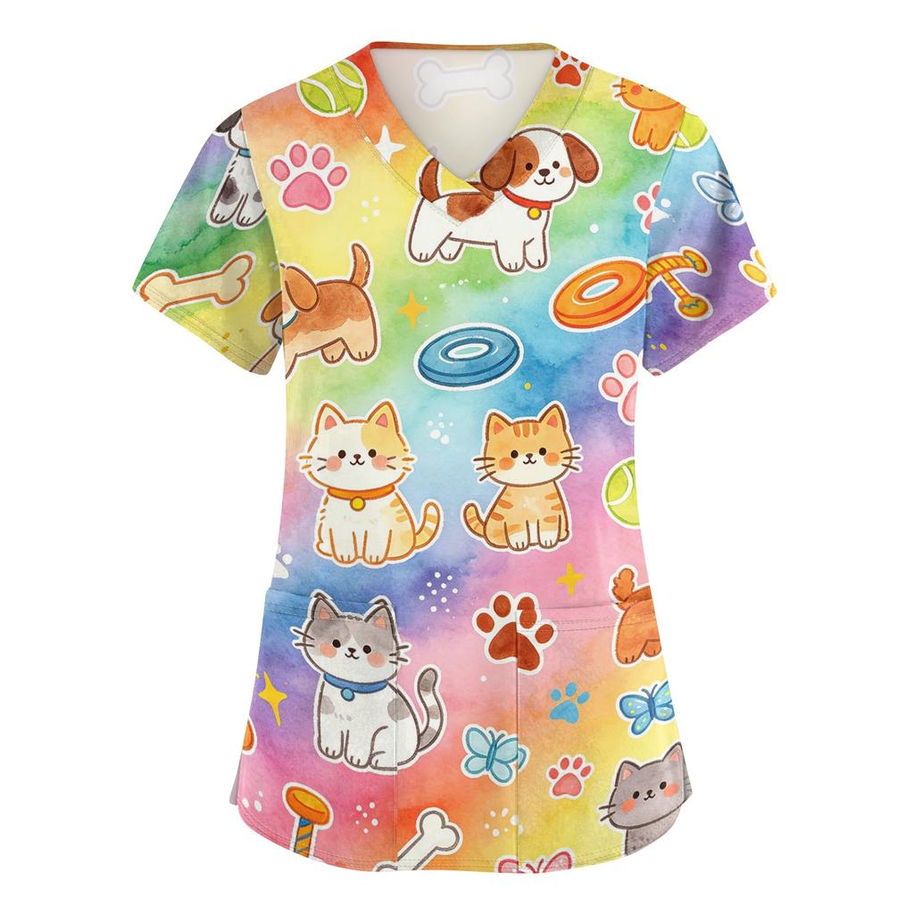 Womens V Neck Short Sleeve Work Shirt with Pockets Animal Print Top Medical Uniform Scrub Tee for Healthcare Professionals