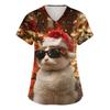Women's V-neck Christmas printed short-sleeved pocket side-slit protective suit top