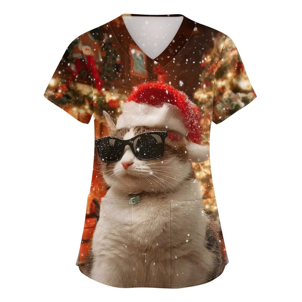 Women's V-neck Christmas printed short-sleeved pocket side-slit protective suit top
