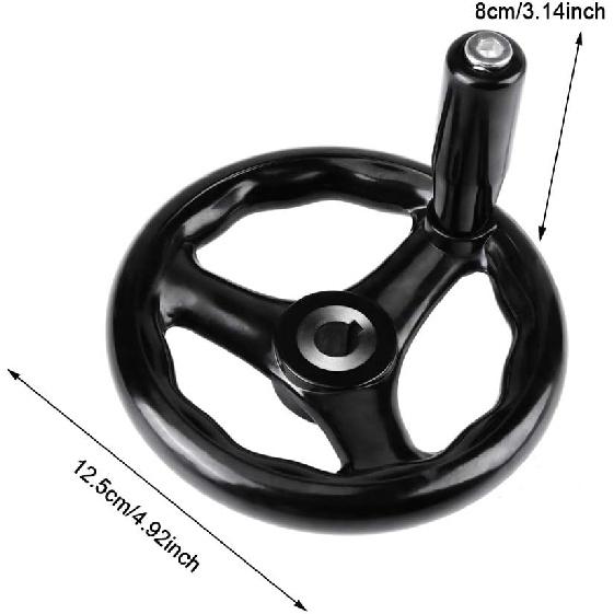 4.9inch Dia Hand Wheel, 3 Spoke Plastic Round Hand Wheel with Revolving Handle, for Lathe Milling Machine,12*125mm, Black