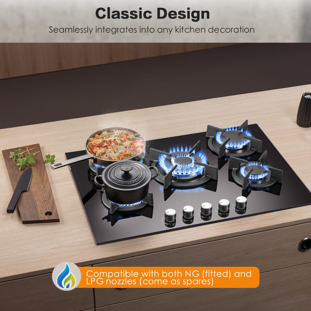 5-Burner 70cm Glass Gas Cooktop Built-In or Freestanding with Automatic Flame Protection for Natural Gas or Propane