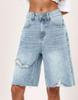 Damen High Waist Destroyed Denim Bermuda Shorts Lockerer Schnitt Vintage Gewaschen Ausgefranster Saum Einfarbig Lange Jeansshorts Für Sommer Streetwear Lässiges Outfit
