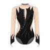 Womens Figure Skating Bodysuit Glittery Rhinestone Sheer Mesh Mock Neck Leotard with Keyhole Back for Gymnastics