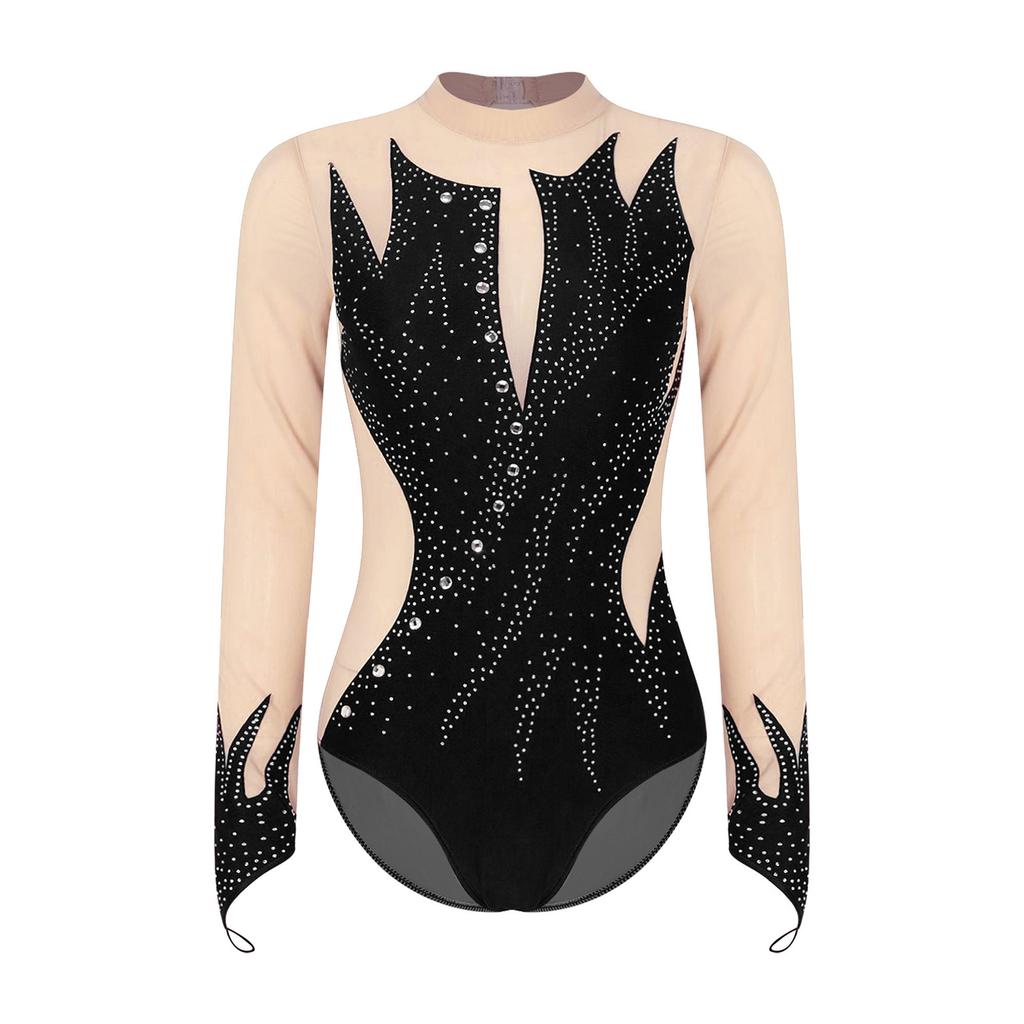 Womens Figure Skating Bodysuit Glittery Rhinestone Sheer Mesh Mock Neck Leotard with Keyhole Back for Gymnastics