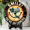 2D Flat, 1pc Round Aluminum Hanging Sign, "Smile You're On Camera" CCTV Security Camera & Smiley Face Design, Retro Distressed Warning Metal Sign