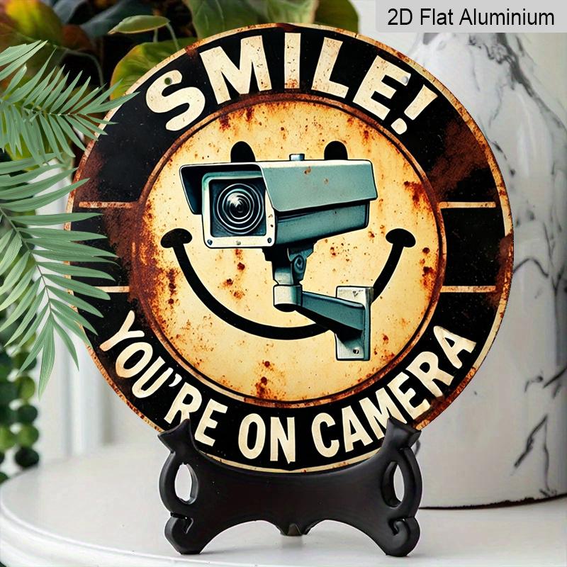 2D Flat, 1pc Round Aluminum Hanging Sign, "Smile You're On Camera" CCTV Security Camera & Smiley Face Design, Retro Distressed Warning Metal Sign