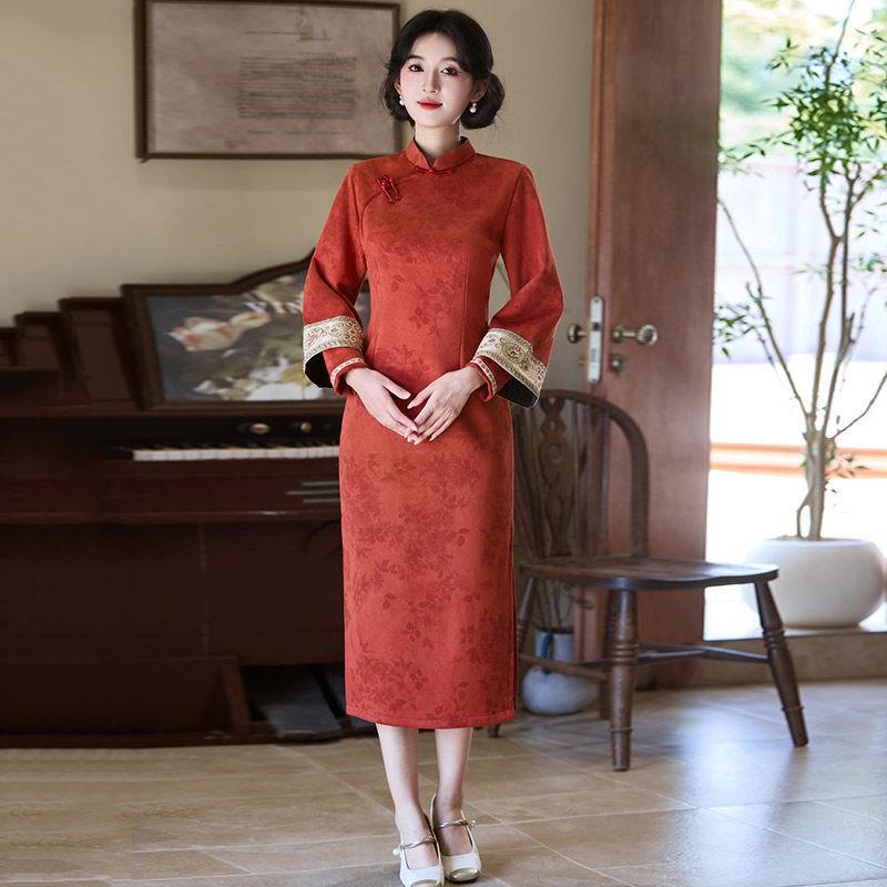 Womens Winter Velvet-Feel Long Sleeve Cheongsam Dress With Stand Collar Design Warm Lined Retro Style Small