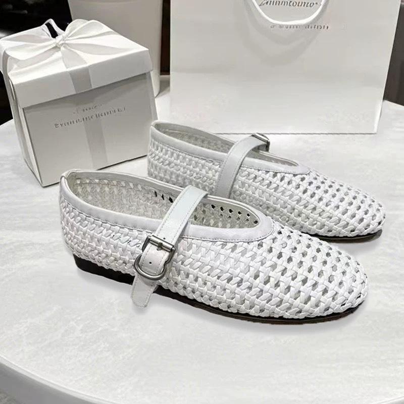 Sheepskin Version~ New European Genuine Leather Flat-bottomed One-word Buckle Woven Single Shoes British Low-heeled Shallow-mouth Mary Jane Shoes