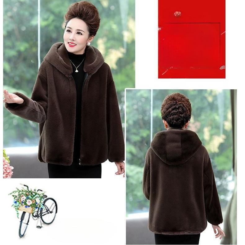 Autumn Winter Women's Long Hooded Fake Mink Fur Jacket Mom Style Integrated Leather and Fur Outerwear Plush Coat
