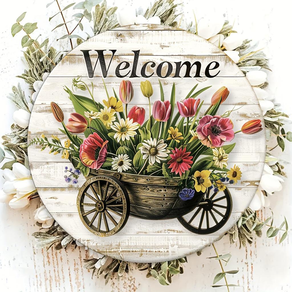 A welcome sign with pattern design -1 round artificial wood hanging sign, suitable for home, room, festival, coffee shop